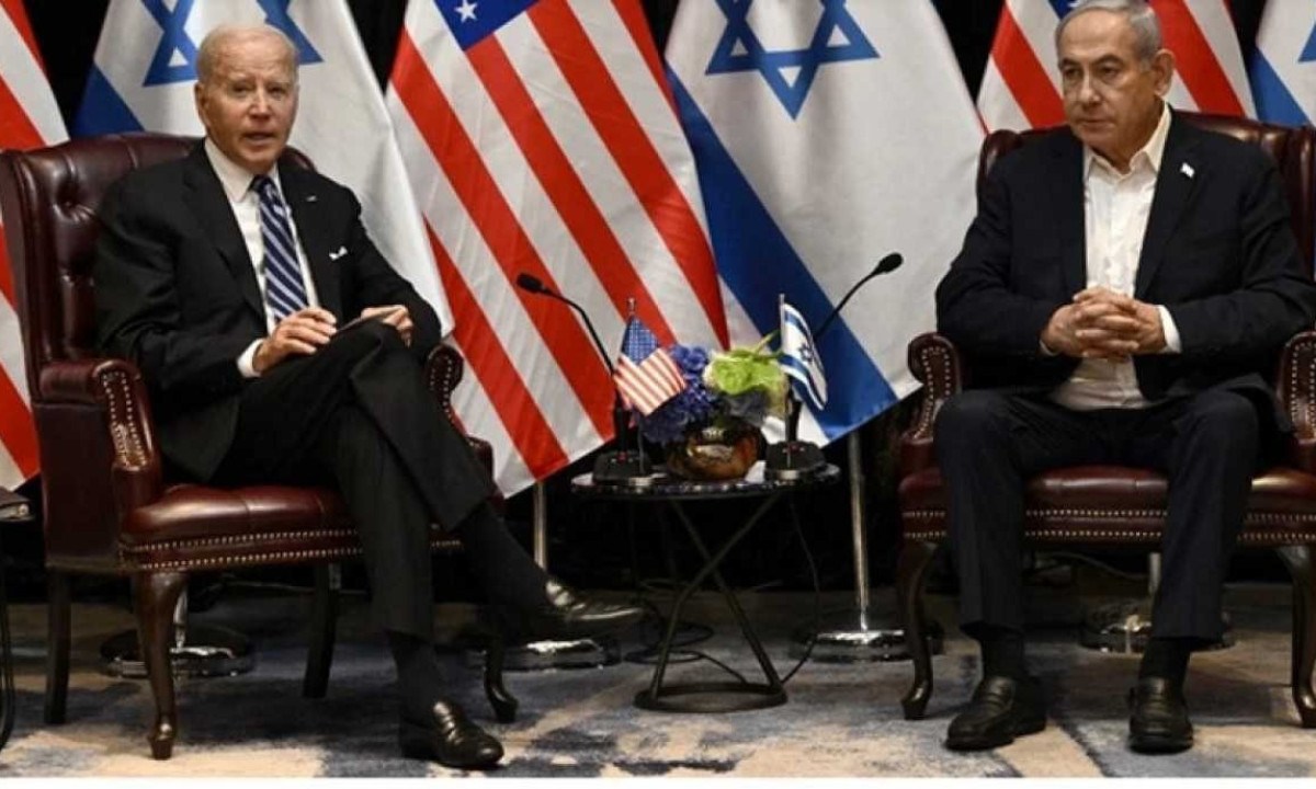 Joe Biden e Benjamin Netanyahu em 2023 -  (crédito: Brendan Smialowksi/AFP)
