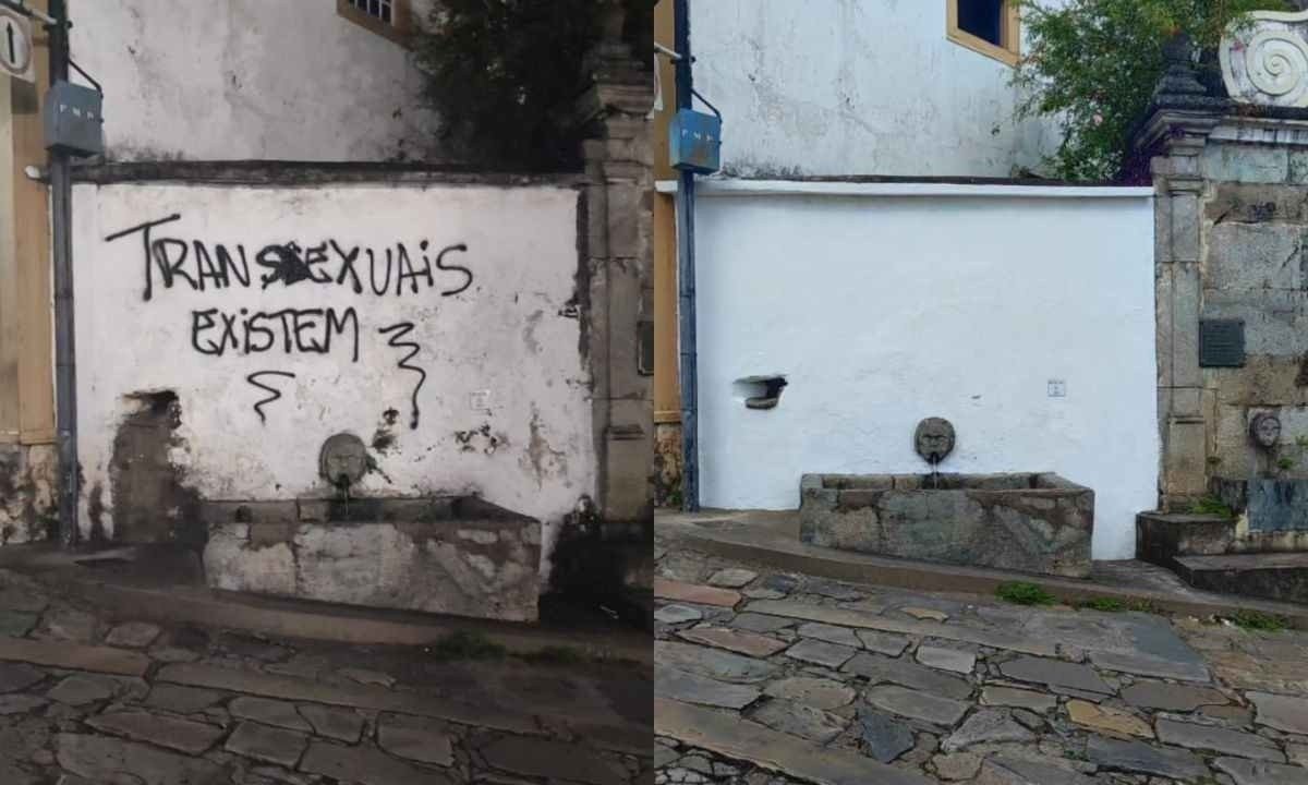 O chafariz do Centro Histórico de Diamantina, no Vale do Jequitinhonha de Minas Gerais, foi pichado na última sexta (12); muro foi restaurado no mesmo dia -  (crédito: Reprodução/Redes sociais)