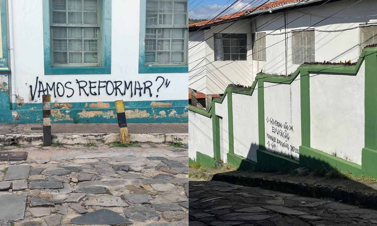 À esquerda, muro pichado na Escola Leopoldo Miranda pelo mesmo autor da pichação feita no chafariz; à direita, pichação feita em muro da instituição que não pega tanto sol e chuva