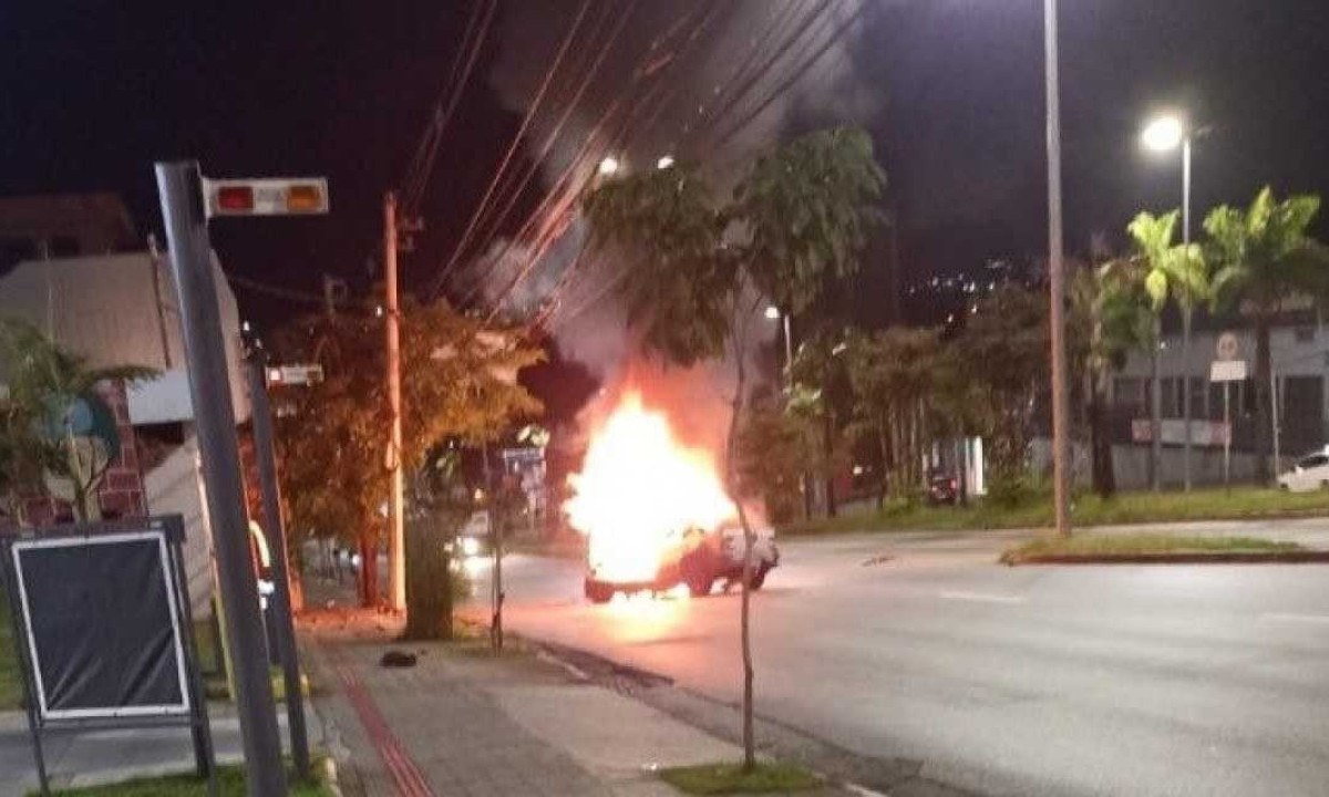 Carro pegou fogo depois de bater em um poste de energia da Avenida Antônio Carlos -  (crédito: CBMMG)