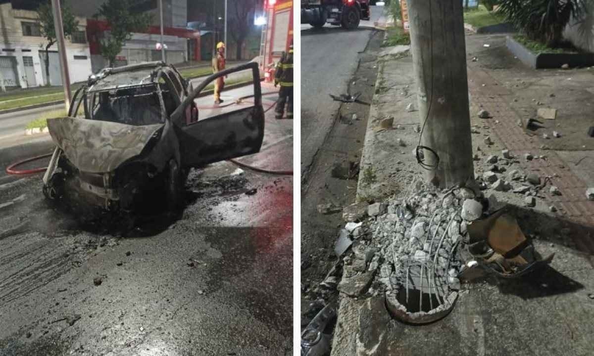 Carro bateu em poste e pegou fogo na madrugada desta segunda-feira (22) Carro bateu em poste e pegou fogo na madrugada desta segunda-feira (22)