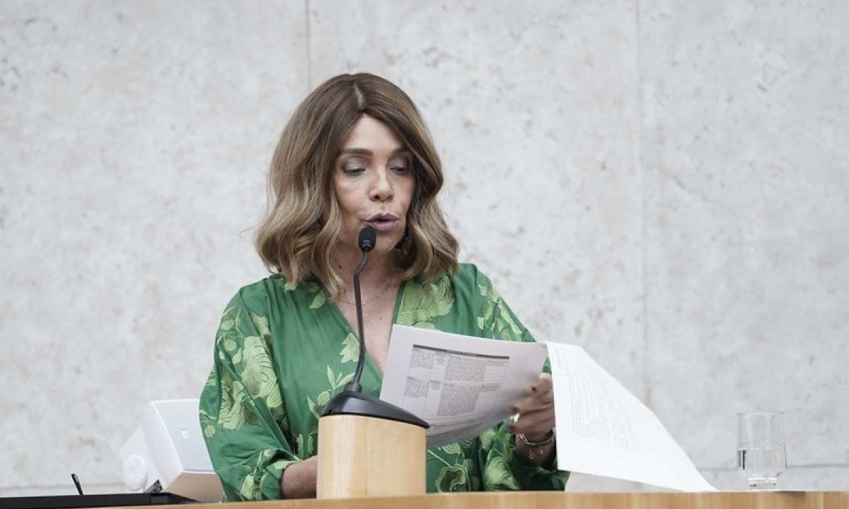 Vereadora Cris Monteiro (Novo) antes de tirar a peruca no Plenário da Câmara -  (crédito: André Bueno | REDE CÂMARA SP)