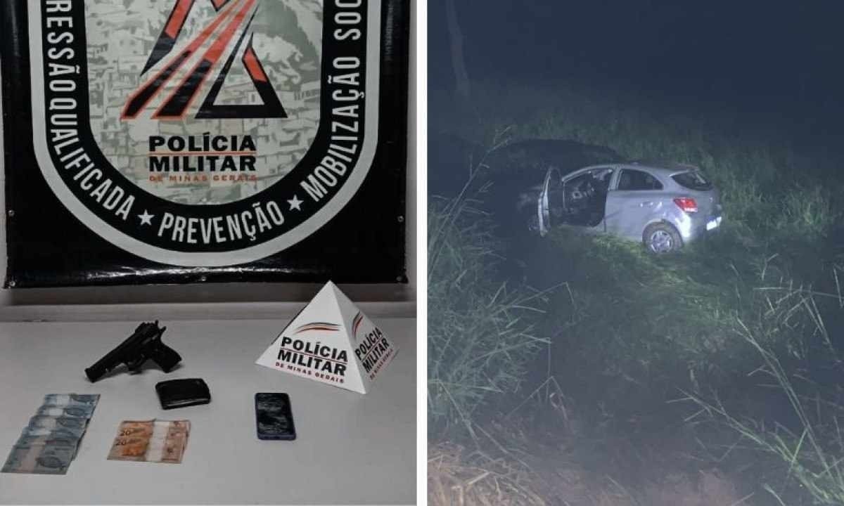 Carro foi localizado em uma área de mata e suspeito tentou fugiu a pé -  (crédito: PMMG/Divulgação)