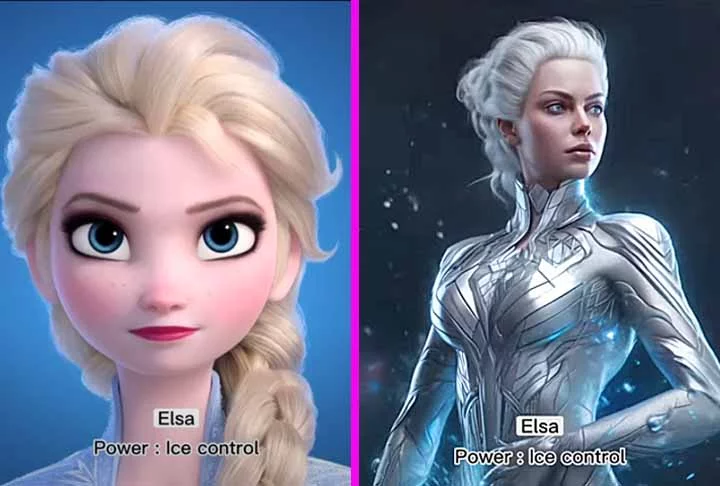 Elsa, a outra personagem principal do filme 'Frozen', nasceu com o poder de criar gelo e neve, que foi mantido pela inteligência artificial. -  (crédito: Youtube Canal Dreamy AI)
