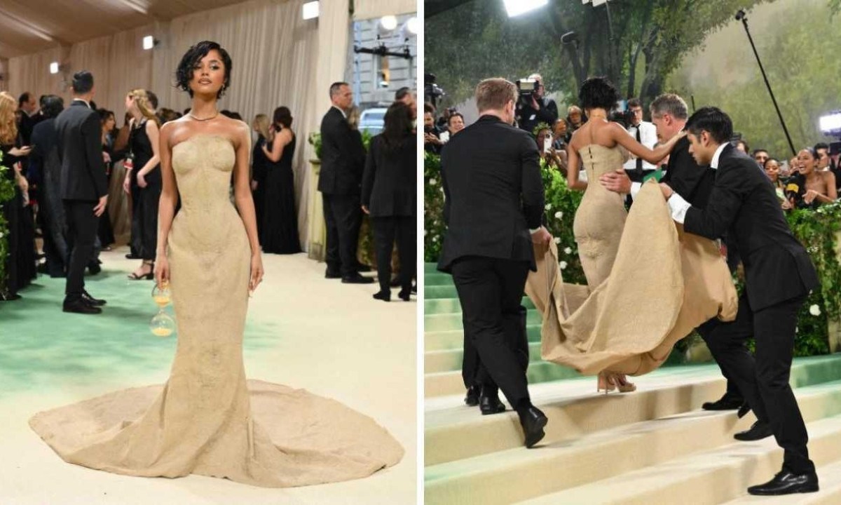 Com vestido colado ao corpo, Tyla foi carregada para chegar ao Met Gala -  (crédito:  Angela Weiss / AFP)