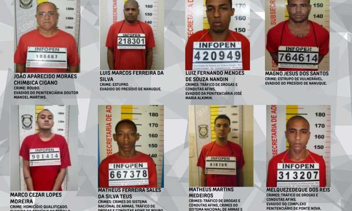 De acordo com o Ministério Público, os foragidos cometeram crimes como homicídio, latrocínio, estupro, tráfico de drogas, entre outros -  (crédito: MPMG)