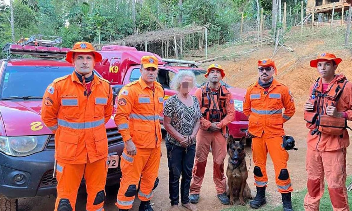 Bombeiros usam cão farejador para encontrar idosa perdida na mata. Ela estava descalça, confusa e desidratada -  (crédito: Sala de Imprensa/CBMMG)