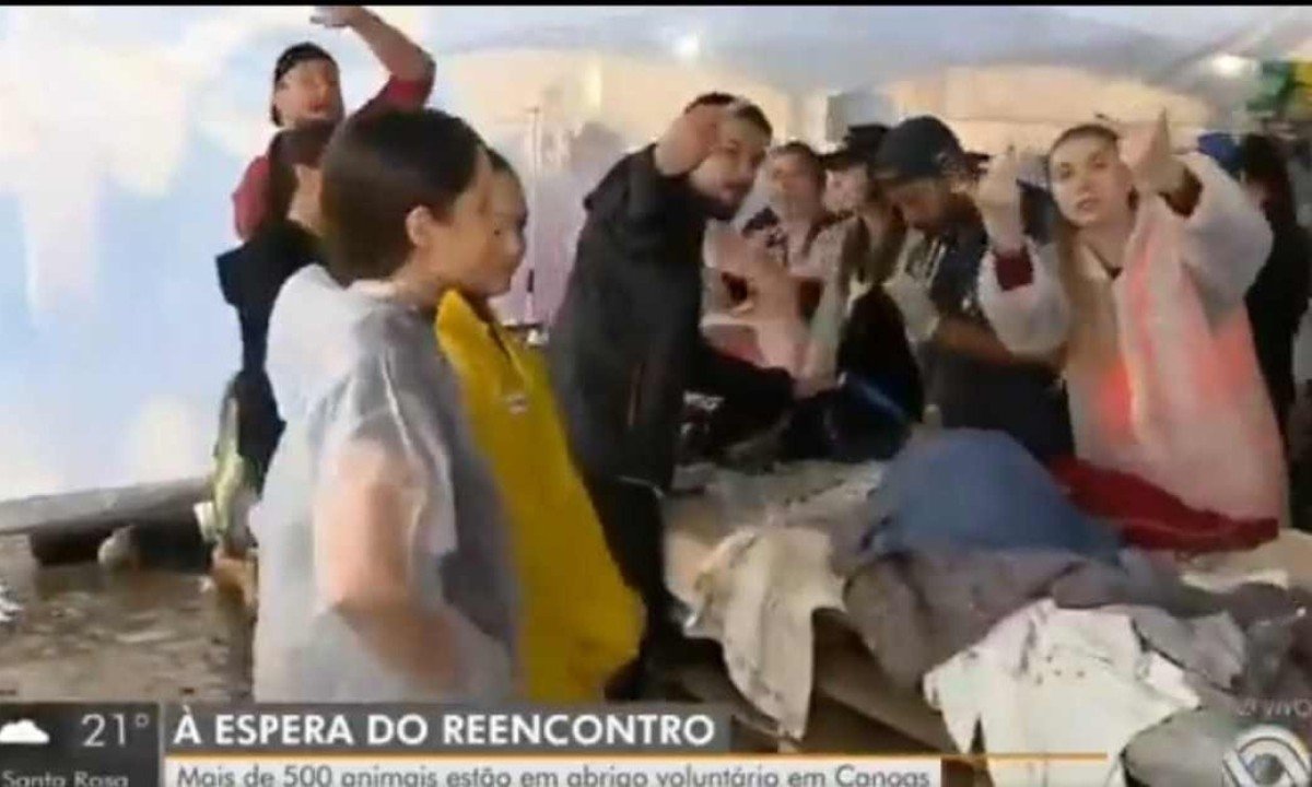 Voluntários em atendimento a animais resgatados das enchentes no Rio Grande do Sul fazem gestos e gritam contra a Rede Globo -  (crédito: Reprodução/Redes sociais)