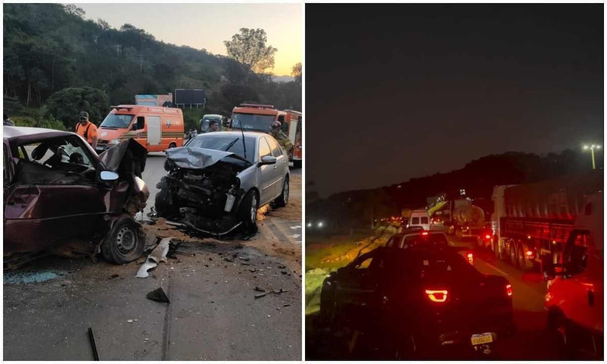 Imagens que circulam nas redes sociais mostram uma longa fila de veículos em frente ao terminal rodoviário da cidade, no sentido de Ouro Preto -  (crédito: Corpo de Bombeiros/Redes sociais)