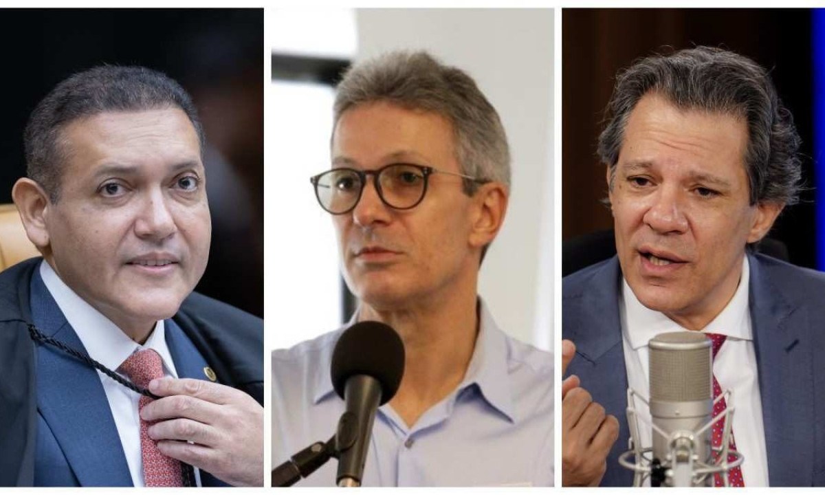 Os ministros Nunes Marques (STF), Fernando Haddad (Fazenda) e o governador Romeu Zema -  (crédito: Arte sobre fotos de: Antonio Augusto/STF, Gil Leonardi/ImprensaMG e Rafa Neddermeyer/ABR)