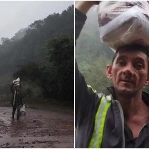 "Orgulho", diz filho ao ver pai chegando embaixo de chuva com cesta básica no RS - Reprodução/TikTok/@altair.pape