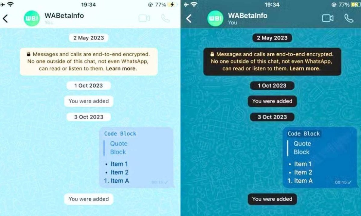 Função permite trocar cores da conversa do WhatsApp -  (crédito: WABetaInfo / Reprodução)