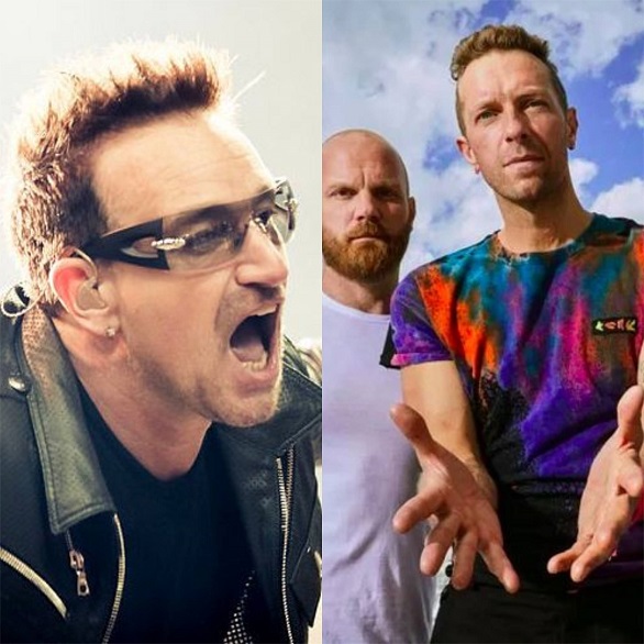 O vocalista da lendária banda irlandesa de rock U2 deu uma opinião sincera sobre o grupo Coldplay e fez um barulho na internet. -  (crédito: montagem / wikimedia commons / divulgação)