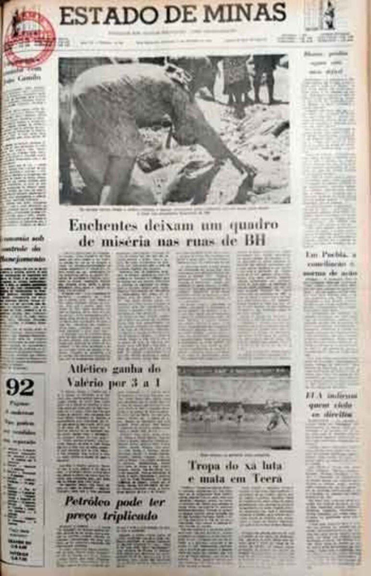 Edição do Estado de Minas de fevereiro de 1979 retrata a extensão do drama causado à população com  a chuva em BH