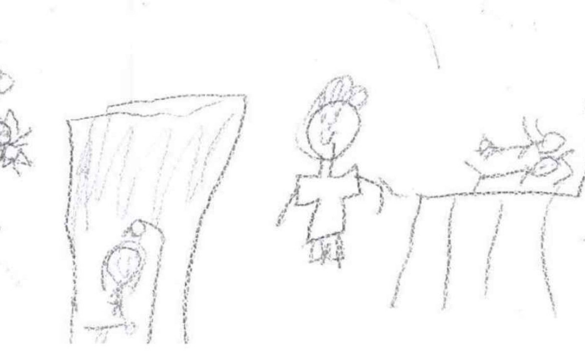 Menina desenhou o pai dela a puxando pelo braço; polícia investiga o adulto como suspeito de estupro -  (crédito: Reprodução)