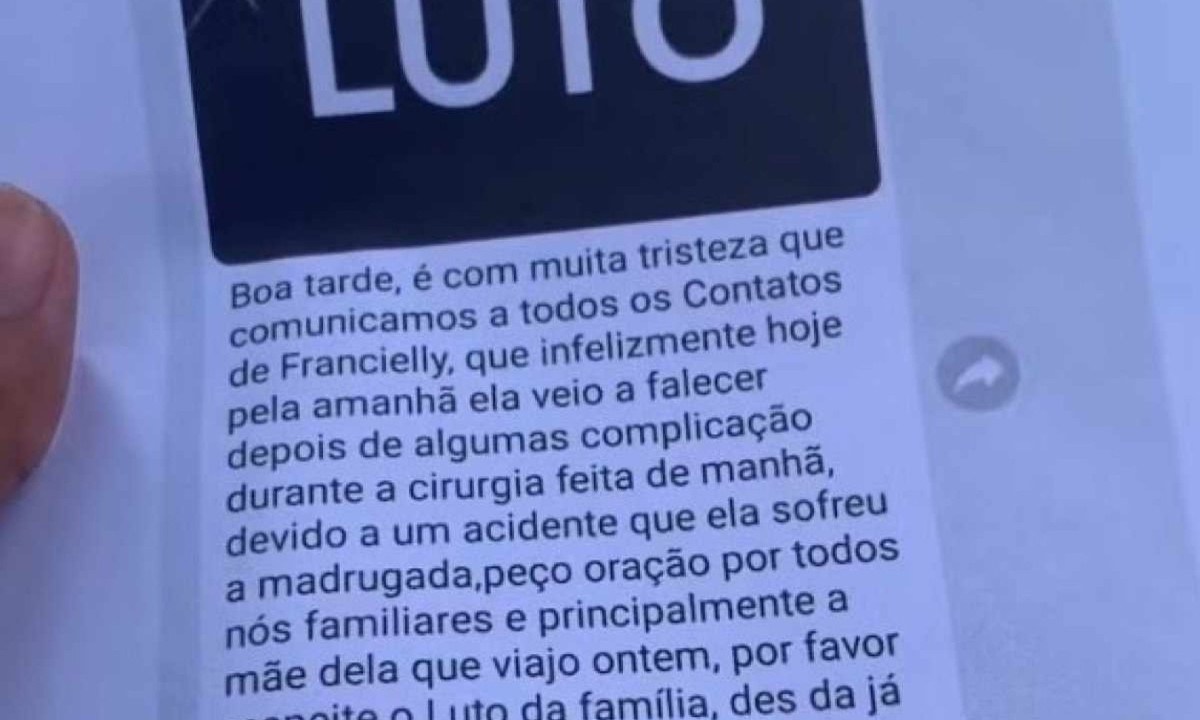 Familiares enviaram mensagem de luto horas depois de mulher dizer ao proprietário da pizzaria que marido ia ao local quitar dívida -  (crédito: Reprodução/Redes Sociais)