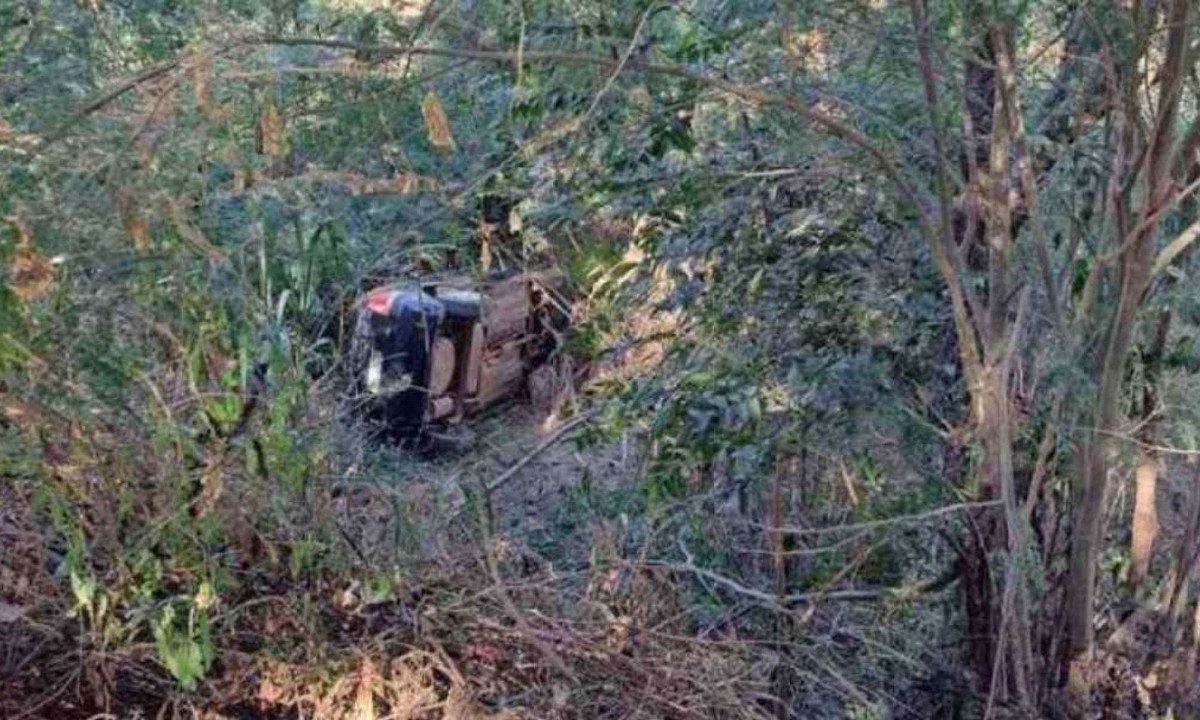Carro foi parar no fundo de uma cavidade de cerca de 6 metros depois de acidente na Região Central de Minas -  (crédito: Corpo de Bombeiros/Divulgação)