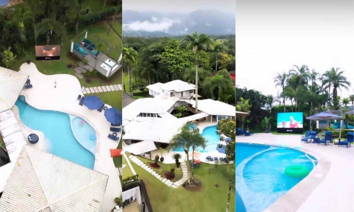 A piscina é um dos destaque dessa mansão completando a beleza do ambiente