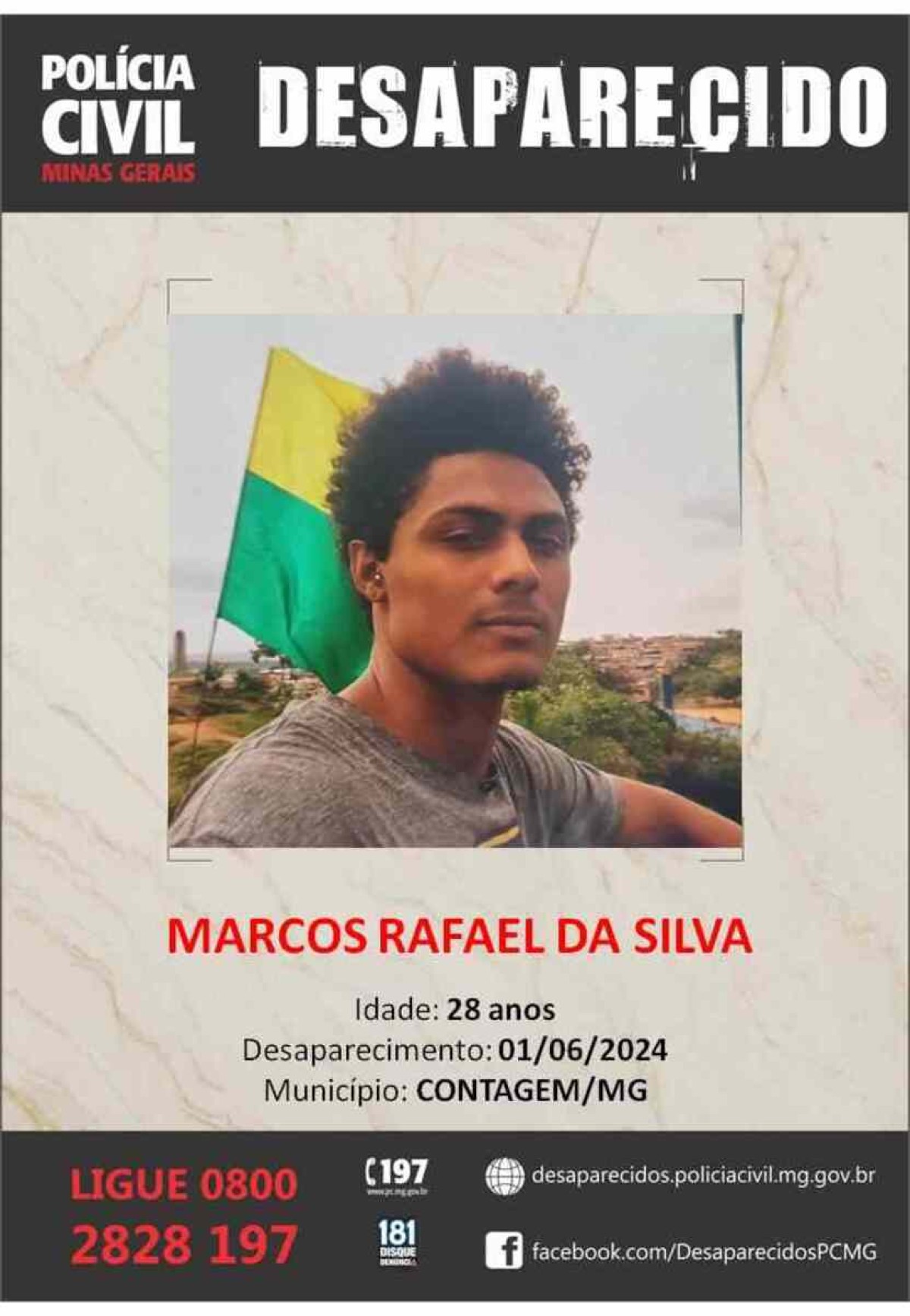 A Polícia Civil de Minas Gerais (PCMG) apura o desaparecimento de um homem, de 28 anos, em Contagem. Quem tiver informações, pode entrar em contato pelo 0800-2828-197