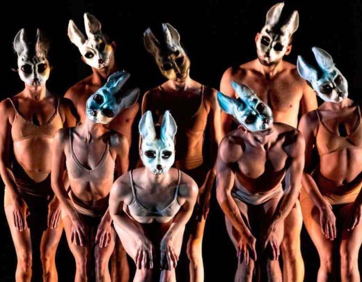 Bailarinos como coelhos no espetáculo "Alice", do grupo Momix 