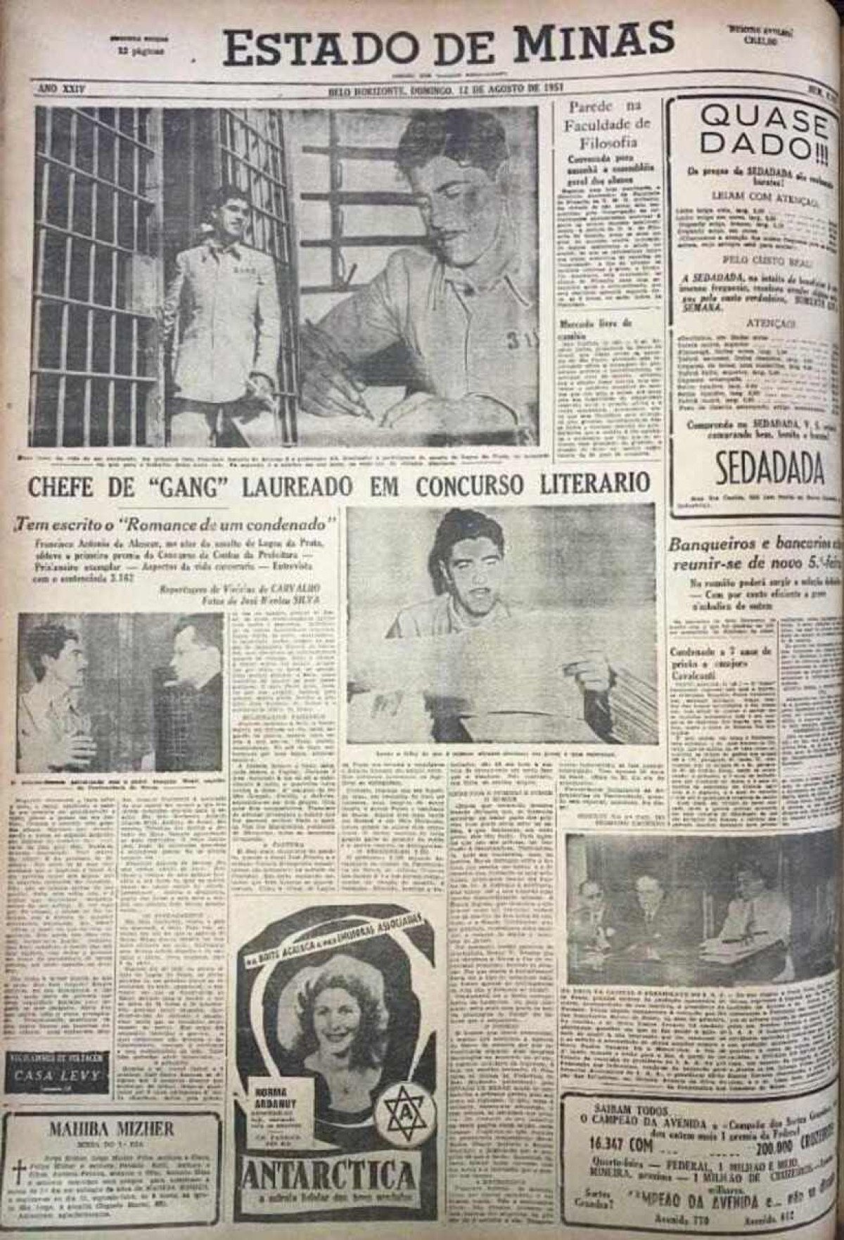 Em 12 de agosto de 1952, o Estado de Minas trazia uma reportagem com o mais novo laureado pelo concurso de contos da Prefeitura de Belo Horizonte