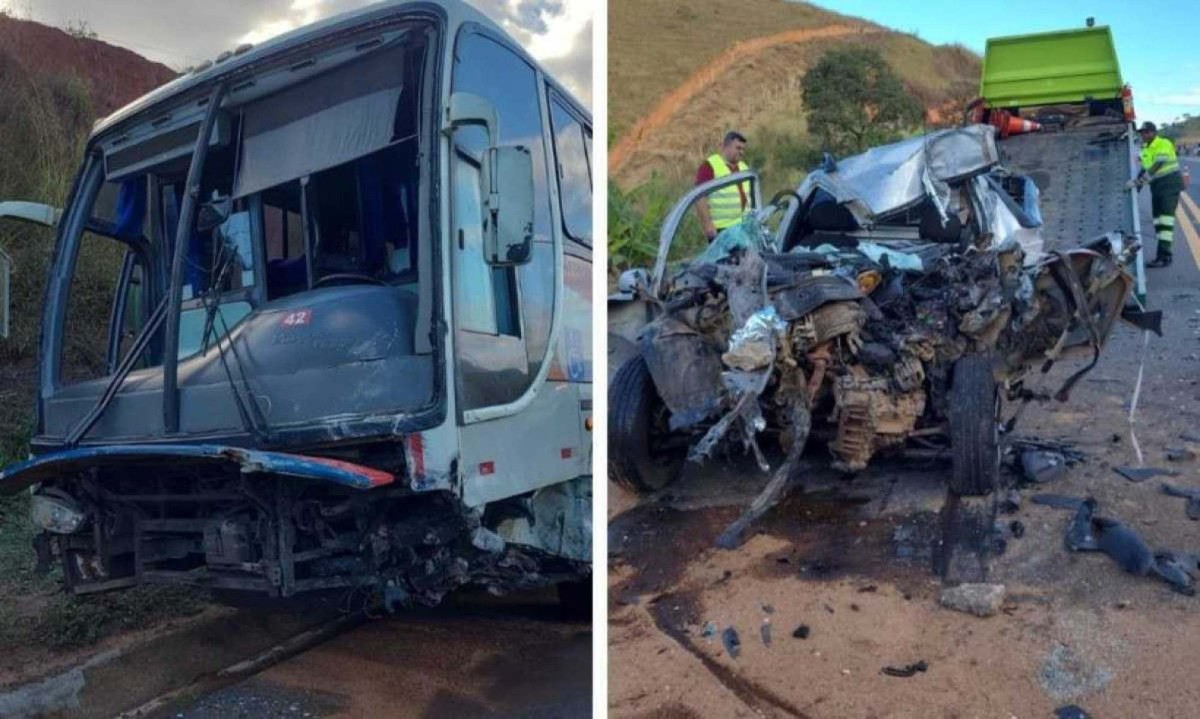 Motorista do carro morreu ao tentar fazer uma ultrapassagem e bater de frente com um ônibus -  (crédito: CBMMG)