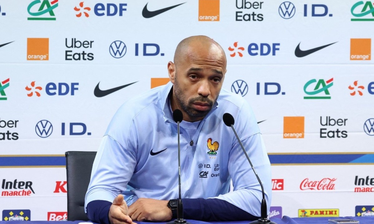  French Olympic football team coach Thierry Henry delivers a press conference in Clairefontaine-en-Yvelines, outside Paris on June 17, 2024, ahead of the upcoming Paris 2024 Olympic games. Thierry Henry, former French football star and current coach of the French Olympic team, took a stand on the subject of the parliamentary elections by calling for a 