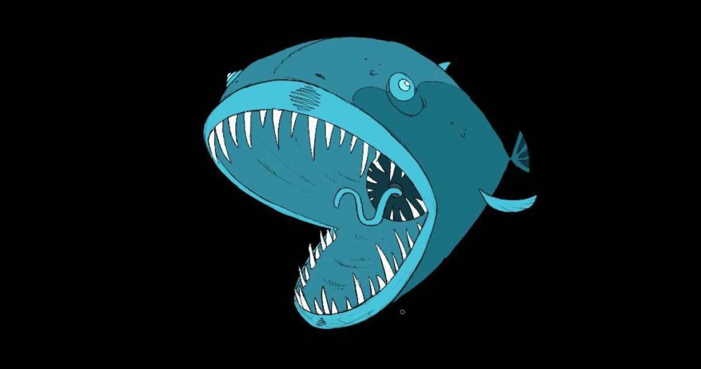 Peixe de boca aberta no desenho animado Bizarros peixes das fossas abissais