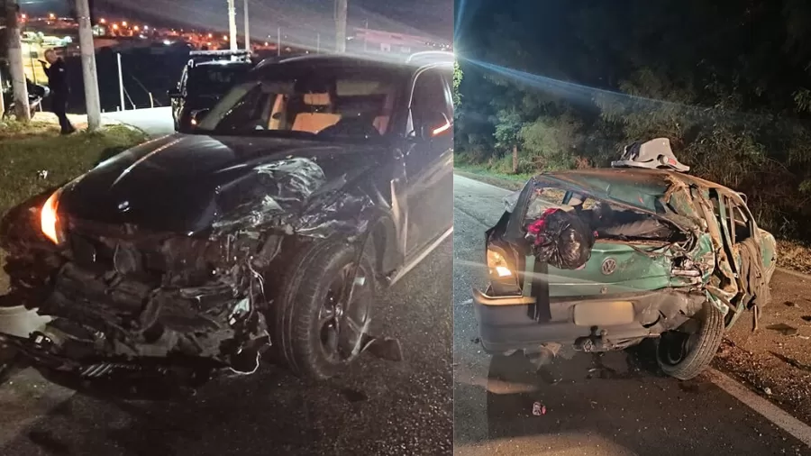 BMW (à esq.) e carro da família (à dir.) após acidente de trânsito em Bragança Paulista (SP) -  (crédito: Reprodução/Facebook)