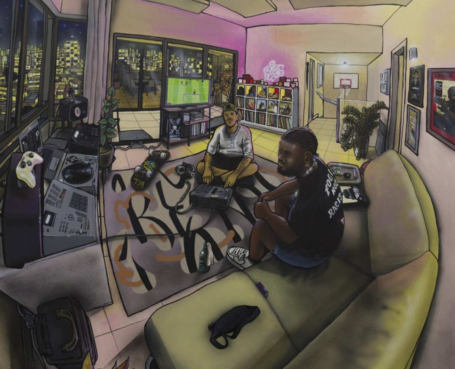 Desenho de Benson mostra Coyote Beatz e Djonga trabalhando na sala de um apartamento