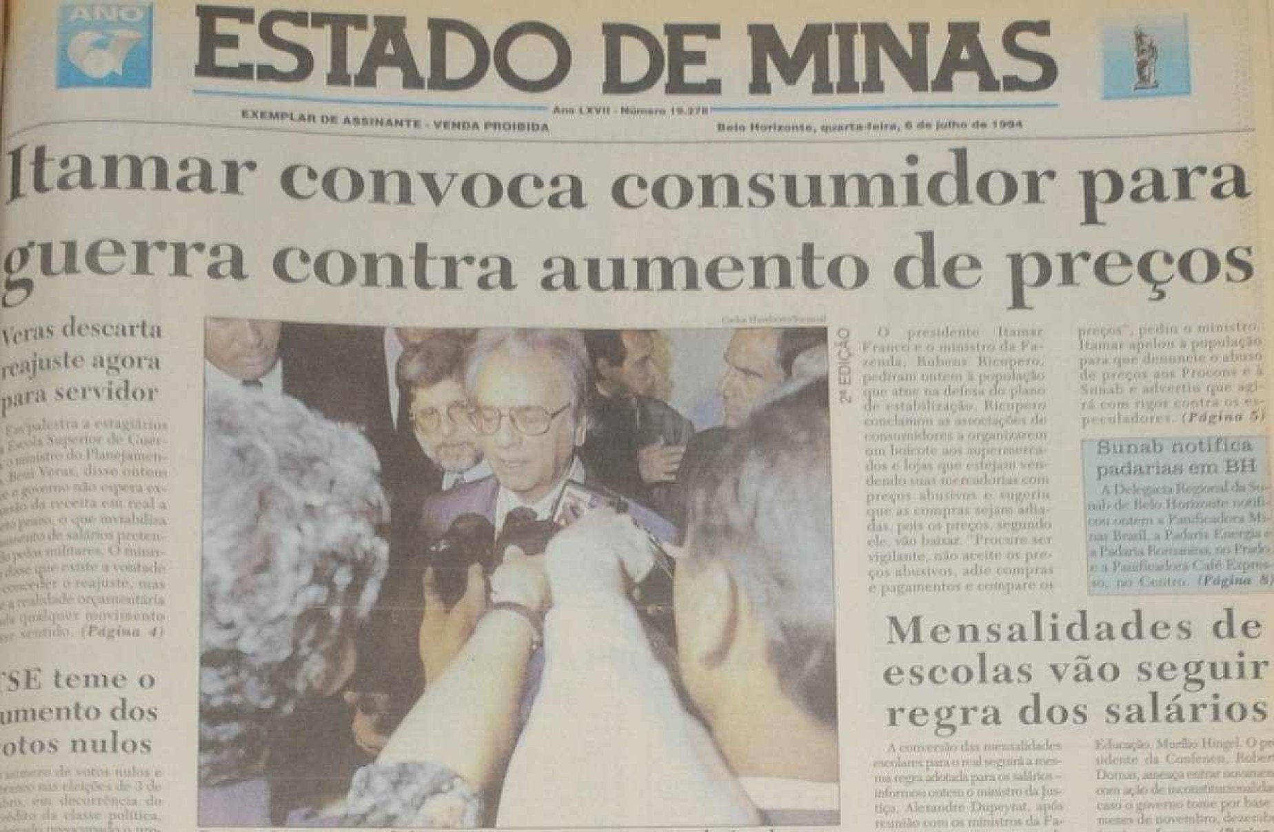 Edição do Estado de Minas de 6 de julho de 1994, na semana de lançamento do Plano Real
