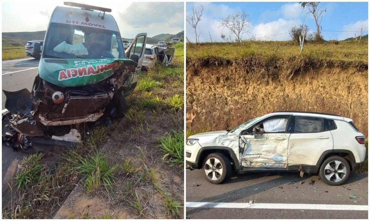 Além da gestante, três das vítimas estavam dentro da ambulância -  (crédito: Polícia Militar Rodoviária/Reprodução)