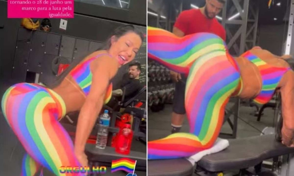 No vídeo,  Gracyanne Barbosa usava um macacão com as cores da bandeira e usava um áudio de notícias sobre casos de homofobia
 -  (crédito: Reprodução de vídeo)