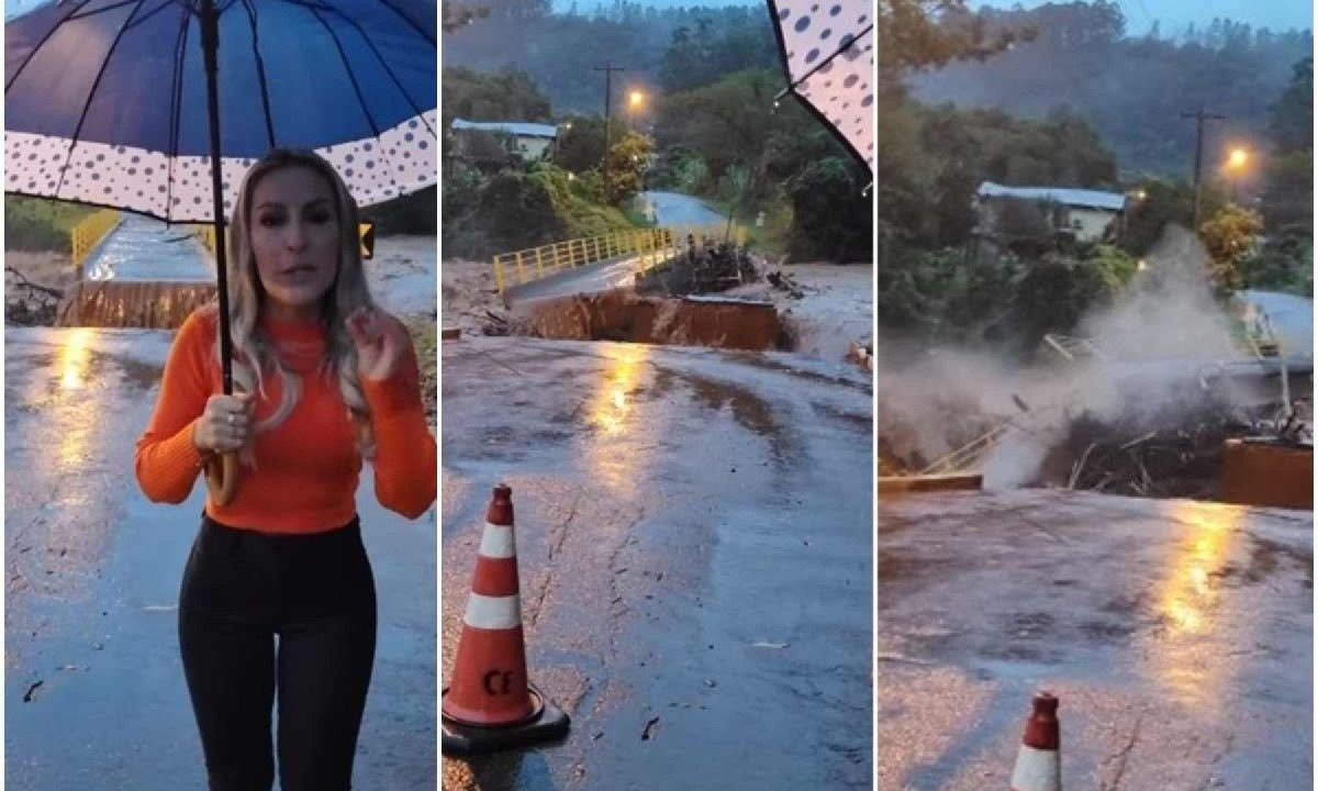 Ponte é arrastada enquanto prefeita gravava vídeo em Santa Tereza, no Rio Grande do Sul -  (crédito: Reprodução/Instagram/@giselecaumo23)