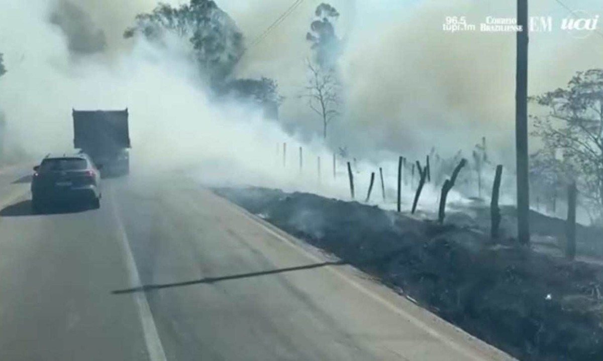 Vídeos registram um incêndio em vegetação às margens da BR 381, nas proximidades da cidade de Sabará e Santa Luzia -  (crédito: Reprodução / Redes sociais)