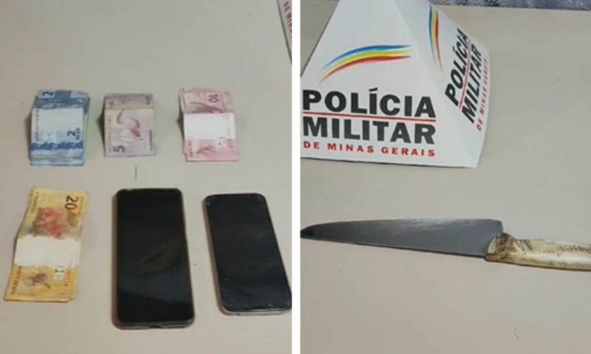 Polícia prendeu dupla e apreendeu uma faca, dois celulares e uma quantia em dinheiro -  (crédito: PMMG/Divulgação)