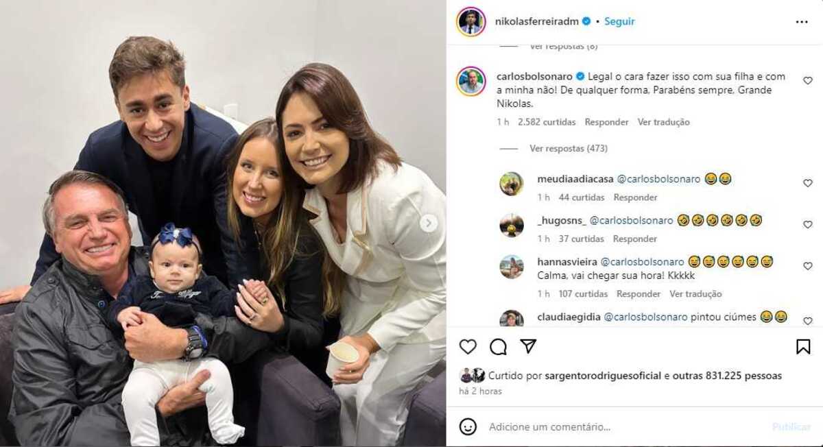 Em comentário, Carlos Bolsonaro questionou foto do pai com filha de deputado Nikolas Ferreira (PL-MG) -  (crédito: Instagram/Divulgação)