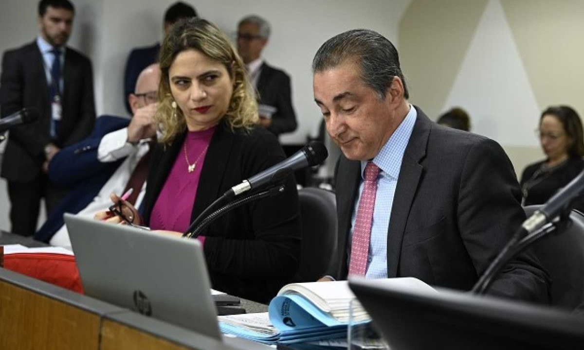 Beatriz Cerqueira (PT) e o líder do governo, João Magalhães (MDB), durante discussão do PL do Ipsemg na Comissão de Administração Pública -  (crédito: Alexandre Netto/ALMG)