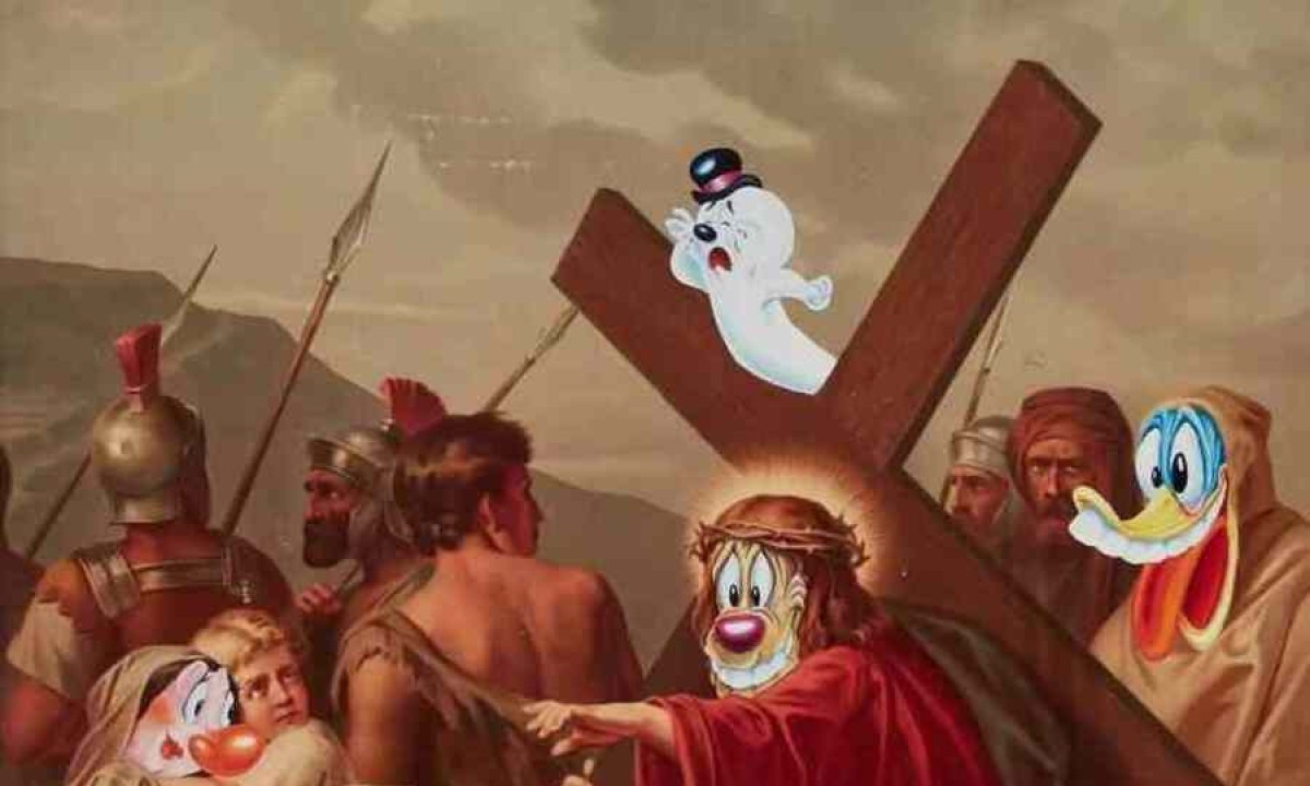 Protestos levaram autoridades a censurar pintura que sobrepõe personagens do desenho 'Looney Tunes' em imagem religiosa -  (crédito: Divulgação)