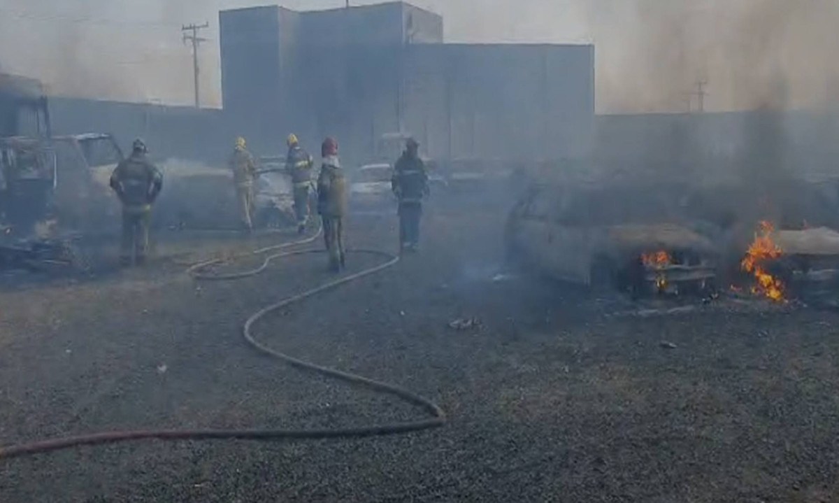 O incêndio iniciou em vegetação ao lado e sobrepôs o muro do pátio -  (crédito: 8º BBM/Divulgação)