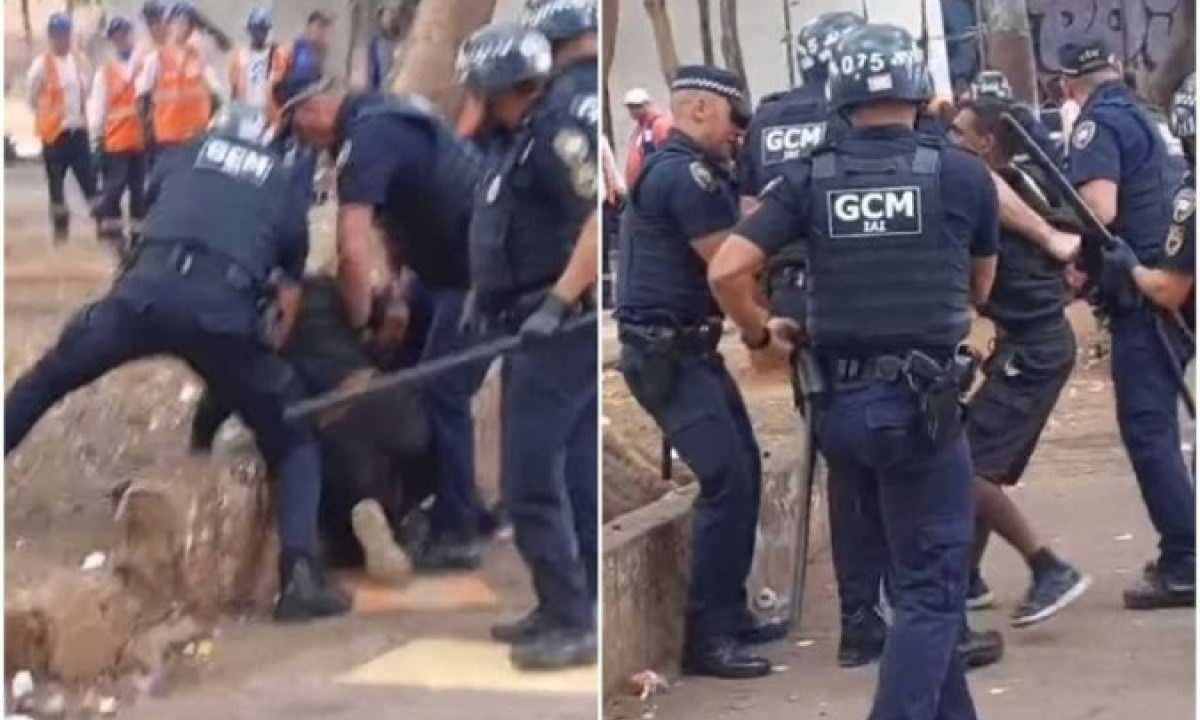 Agentes da Guarda Civil Municipal agrediram um homem em situação de rua com chutes e socos no sábado (6/7), no centro de São Paulo -  (crédito: Reprodução/Instagram/@padrejulio.lancellotti)