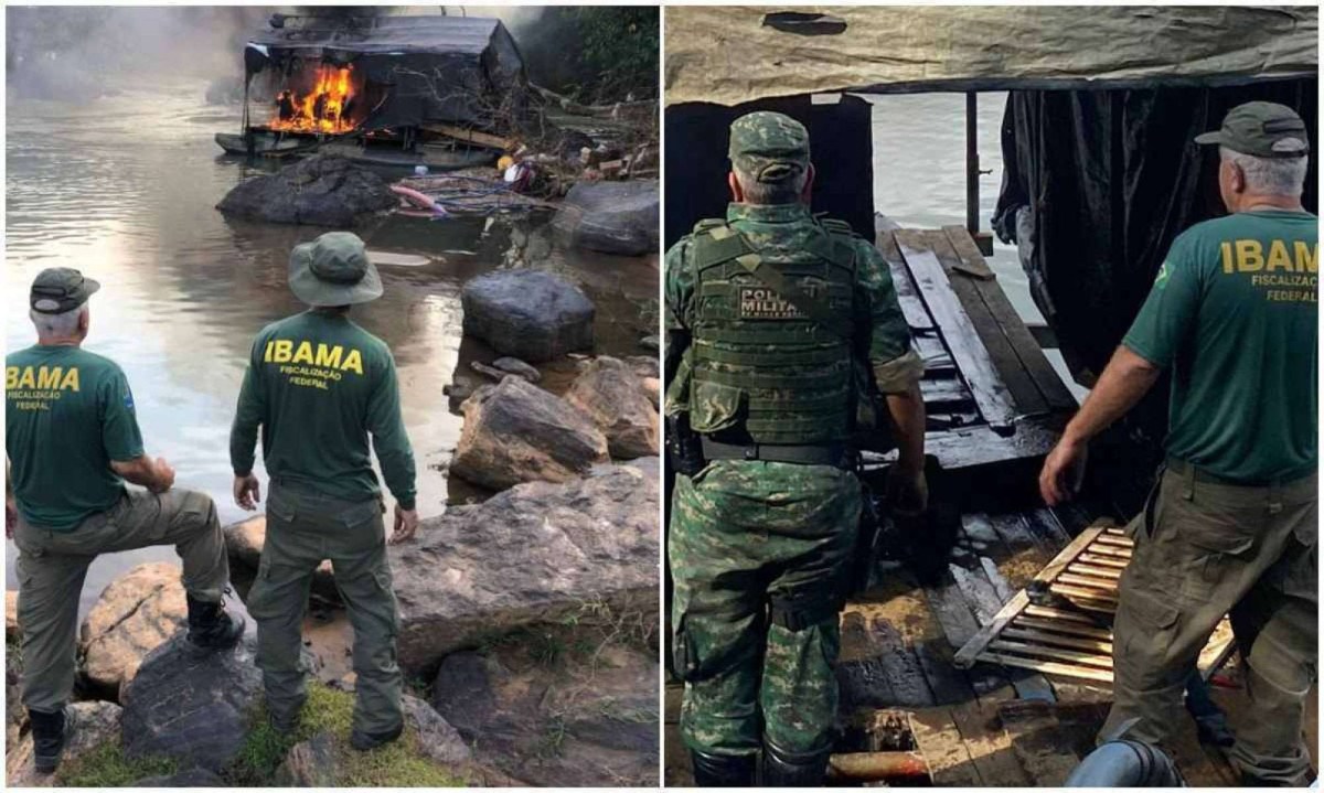 Durante a ação, duas dragas destinadas à extração, que estavam às margens do Rio Pomba, foram incendiadas -  (crédito: Polícia Militar de Meio Ambiente )