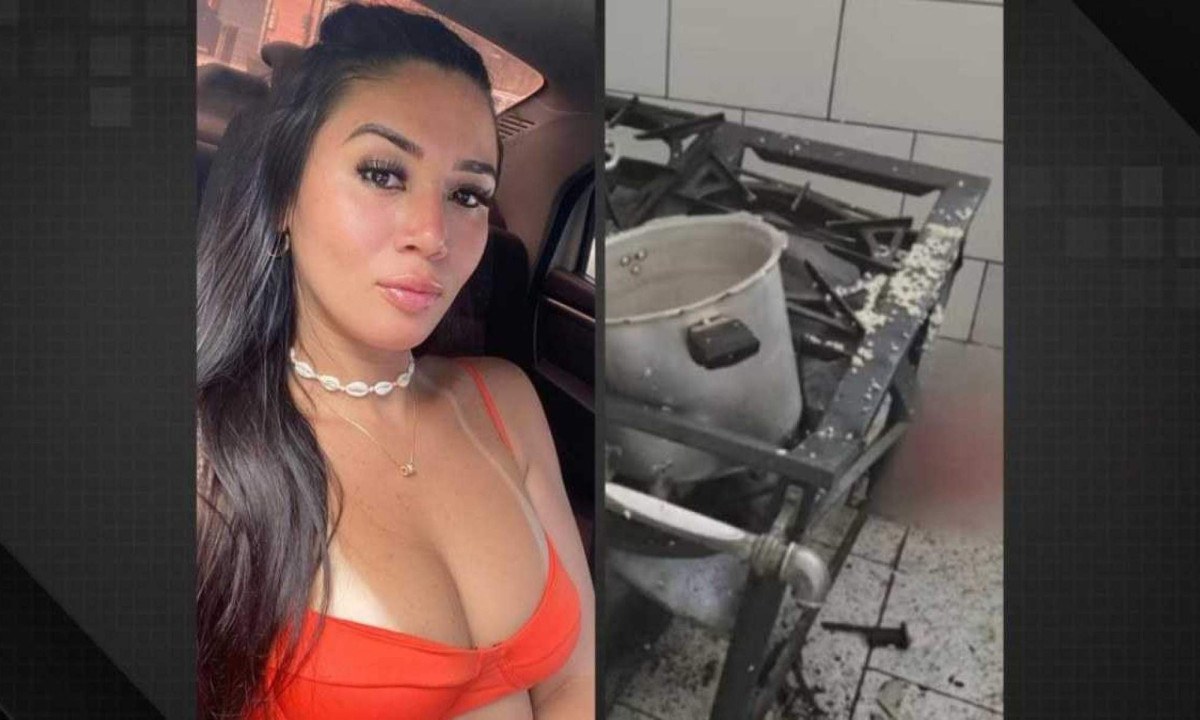 Priscila, a cozinheira, e o fogão danificado na explosão da panela -  (crédito: Montagem com reprodução de redes sociais)