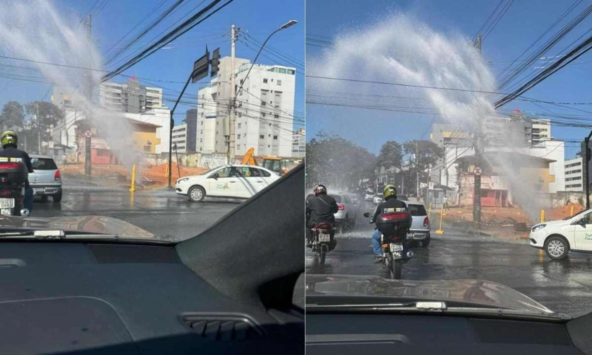 O vazamento acontece em uma obra em terreno entre a Avenida Amazonas e Avenida do Contorno -  (crédito: Foto: Felipe Pereira)