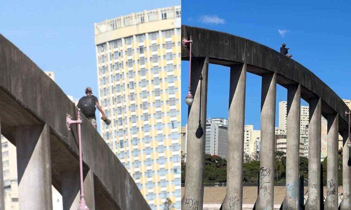 A situação durou pouco tempo e o homem desceu se equilibrando pelo arco -  (crédito: Edésio Ferreira / EM./ DA.Press)