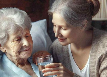 Mulher serve copo de água para idosa na cama; imagem ilustrativa -  (crédito: Pixabay)