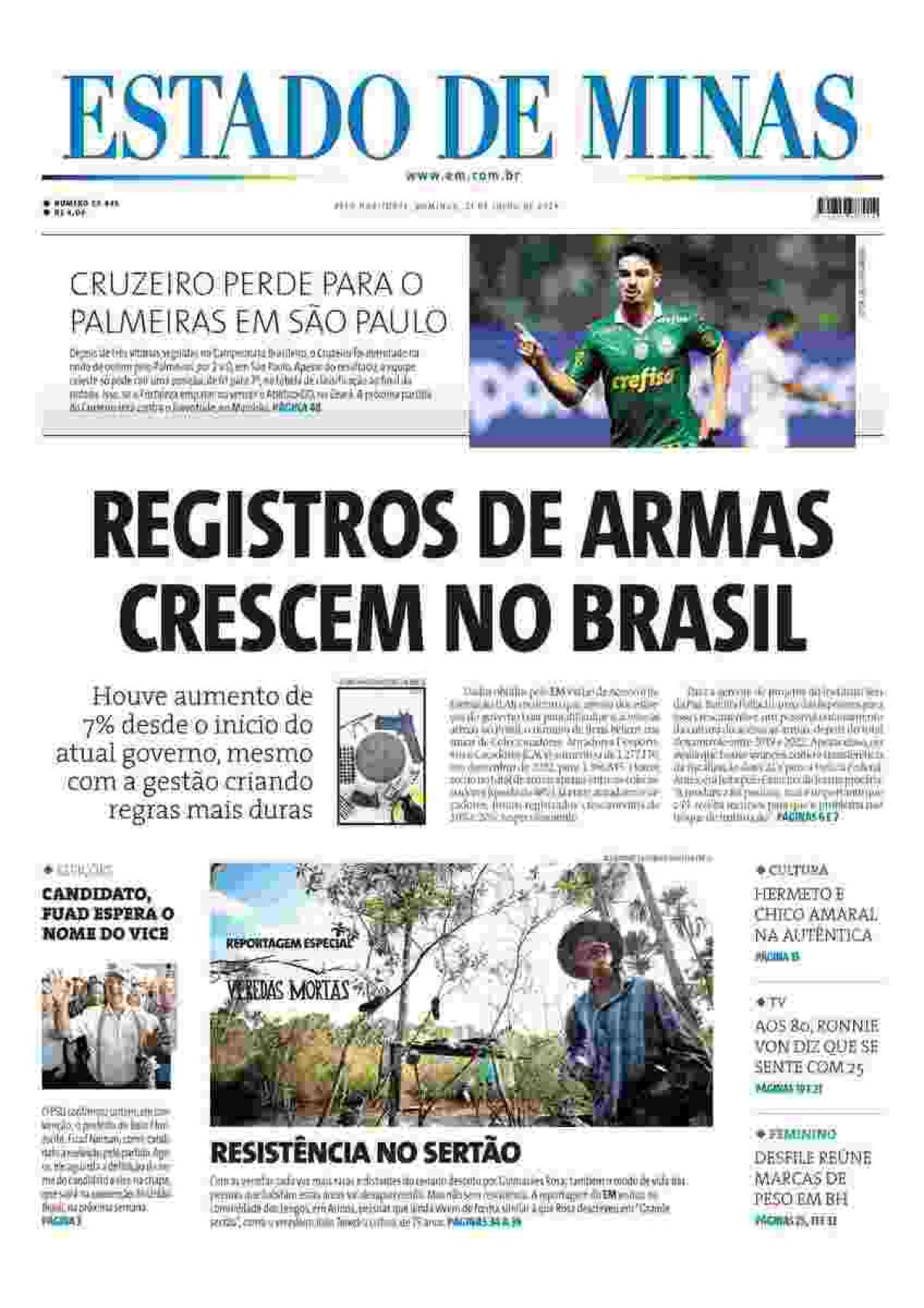 Confira a capa do Estado de Minas do dia 21/7/2024