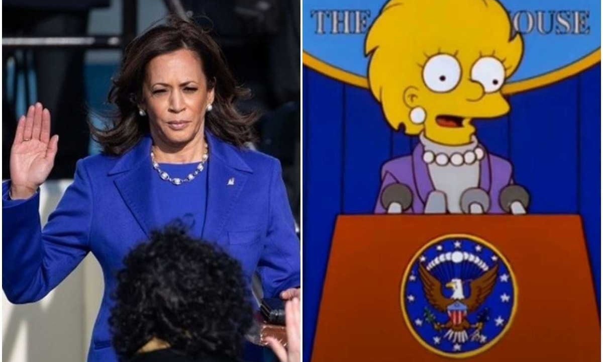 Episódio mostrou Lisa Simpson tornando-se a primeira mulher a assumir a presidência dos EUA, vestida com uma roupa parecida com a usada por Kamala na posse de Biden em 2020 -  (crédito: Reprodução/Instagram/@kamalaharris e Divulgação/Simpsons)