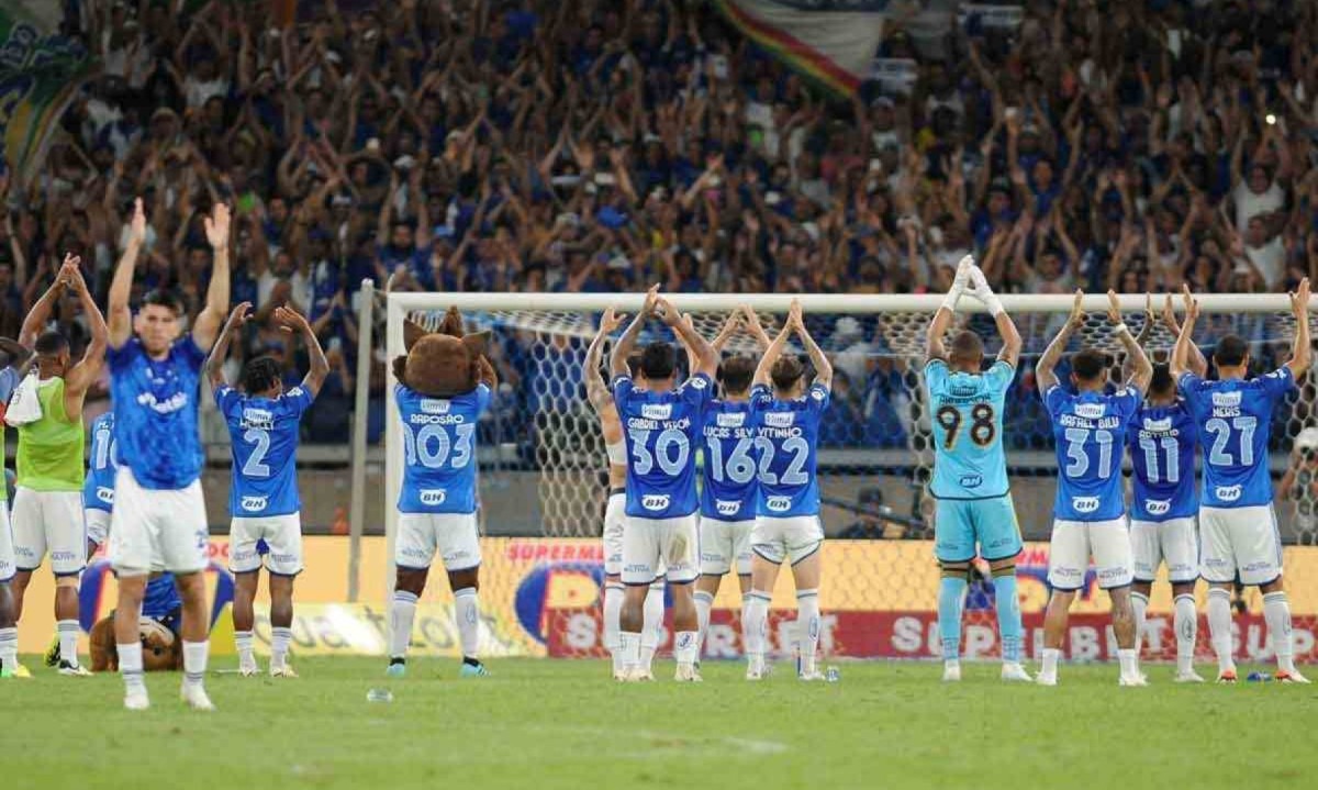 Jogadores do Cruzeiro festejam com a torcida celeste ao final de uma partida -  (crédito: Alexandre Guzanshe/EM/D.A. Press – 7/7/2024)