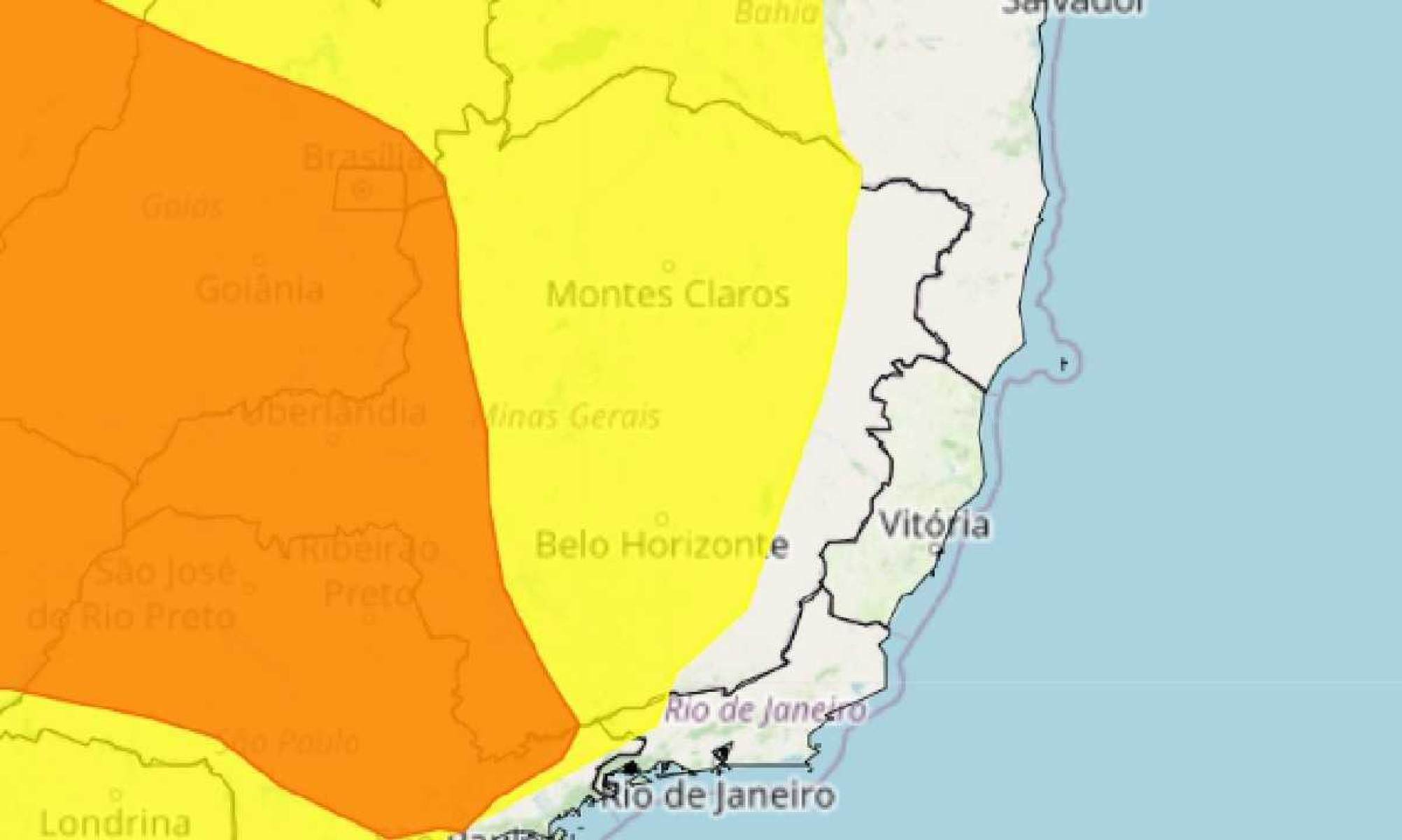 Mapa mostrando Minas Gerais em alerta de baixa umidade